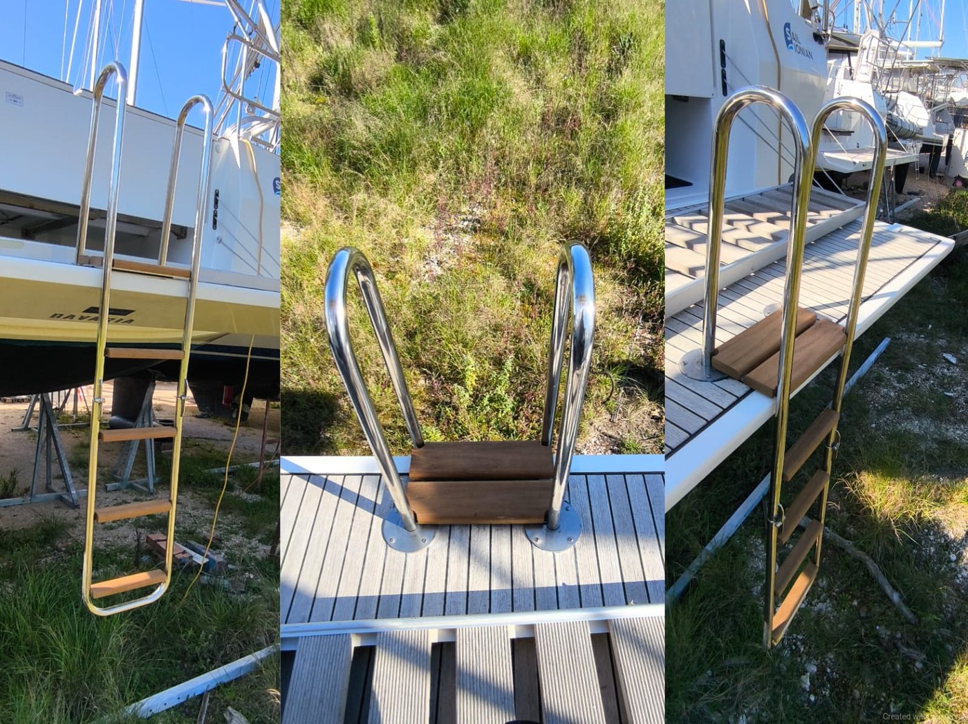 Stainless swim ladders with teak treads, transom and platform mounted
