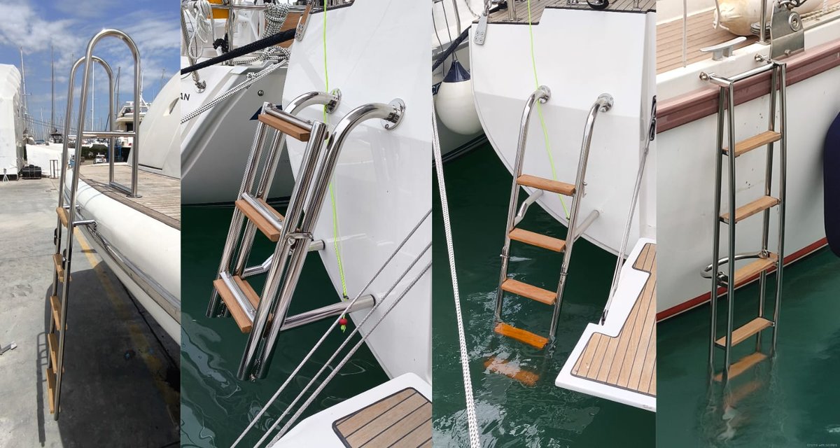 Stainless swim ladders with teak treads, folded and deployed