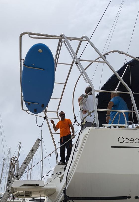 Pushpit and liferaft cradle being fitted on board